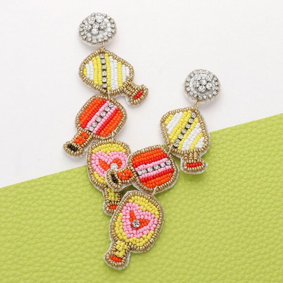 Seed Beaded Pickleball Paddle Link Dropdown Dangle Earrings NEW - Picture 3 of 4